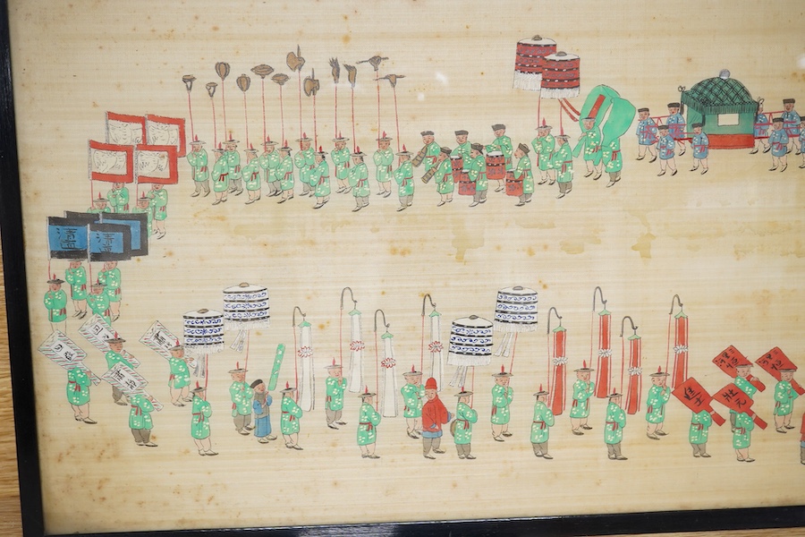 Chinese School, Figural processions, pair of watercolours on silk, 26 x 64cm